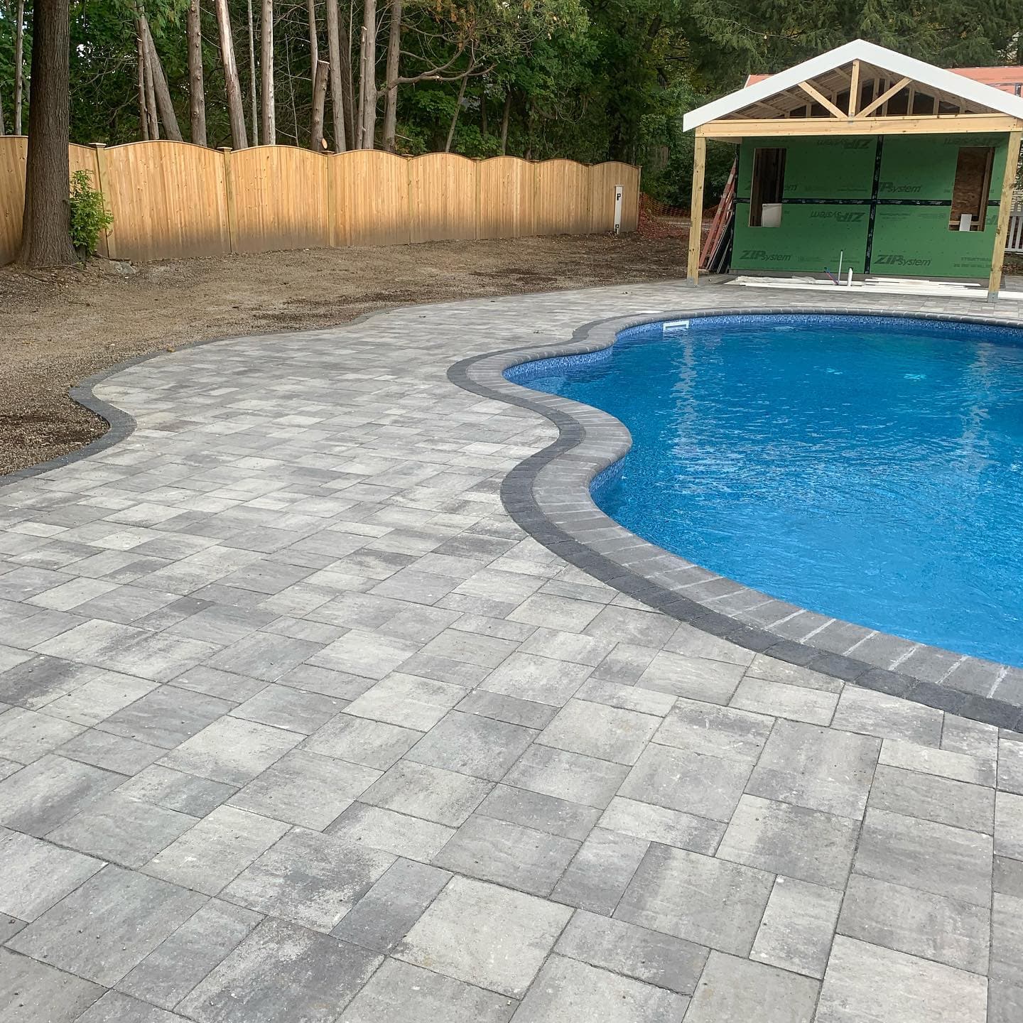 Kidney-shaped pool with a gray paver deck and dark coping