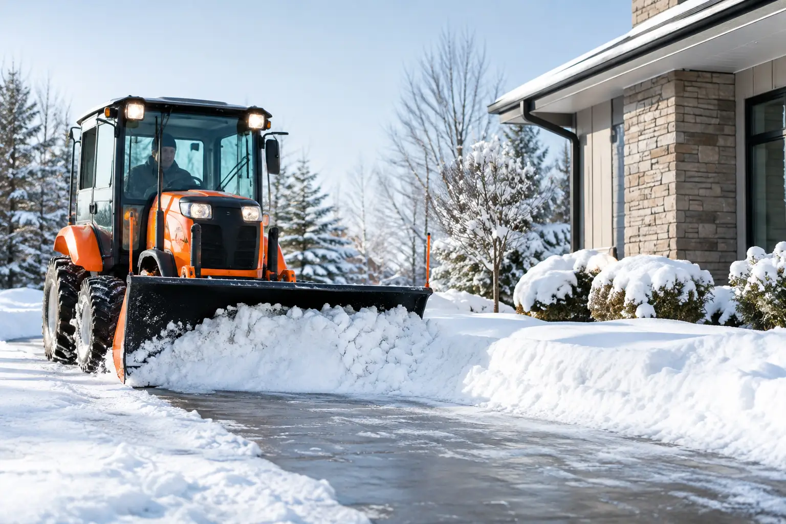 Plowed driveway and cleared walkway after a snowstorm